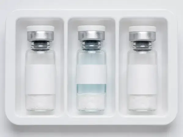 Three-component GLOW blend shown as three separate research peptide vials