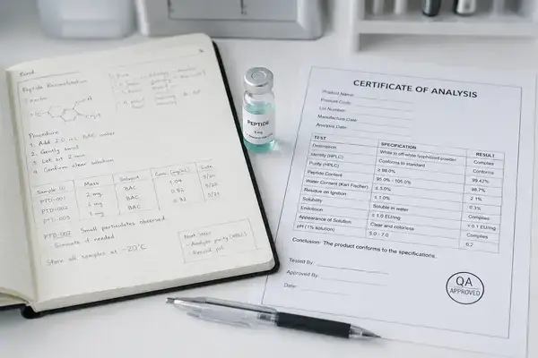 Lab notebook and certificate of analysis used to document peptide handling